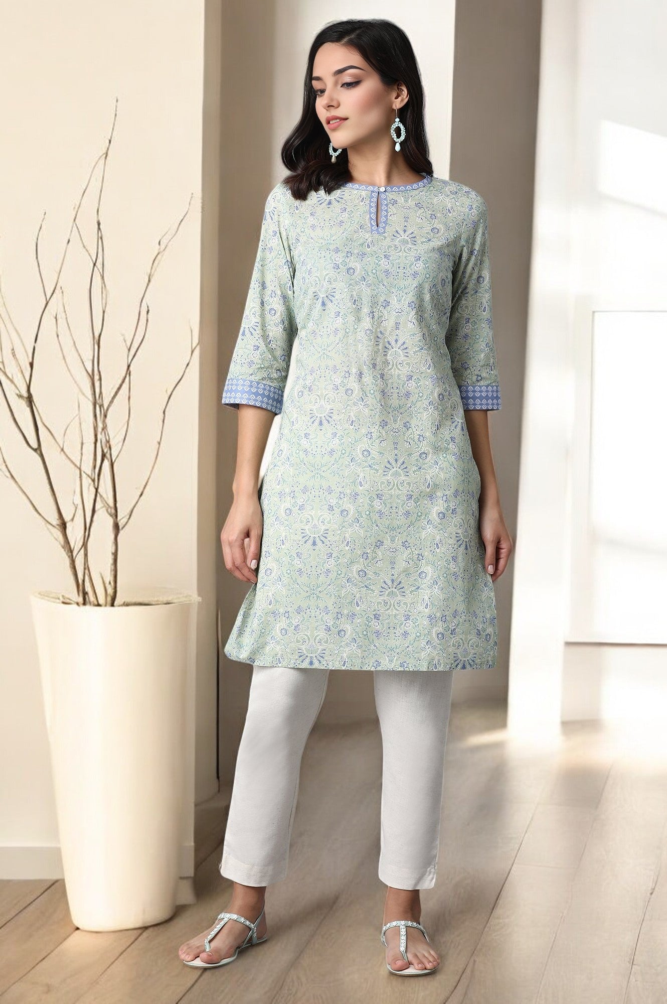 Green Floral Printed Pure Cotton Straight Kurta with Lace on Neck