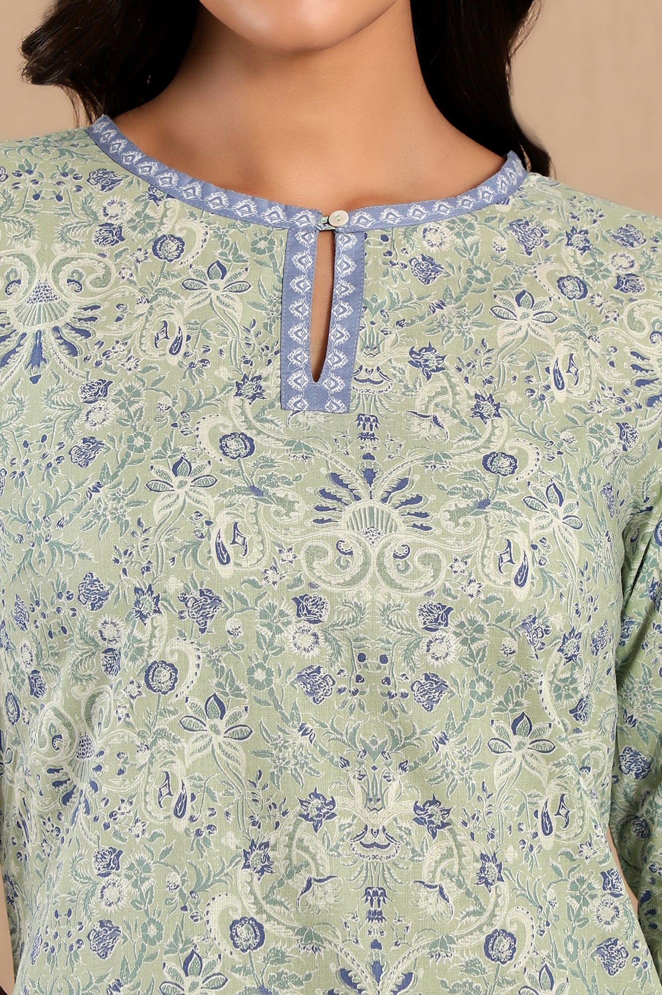 Green Floral Printed Pure Cotton Straight Kurta with Printed Tape on Neck