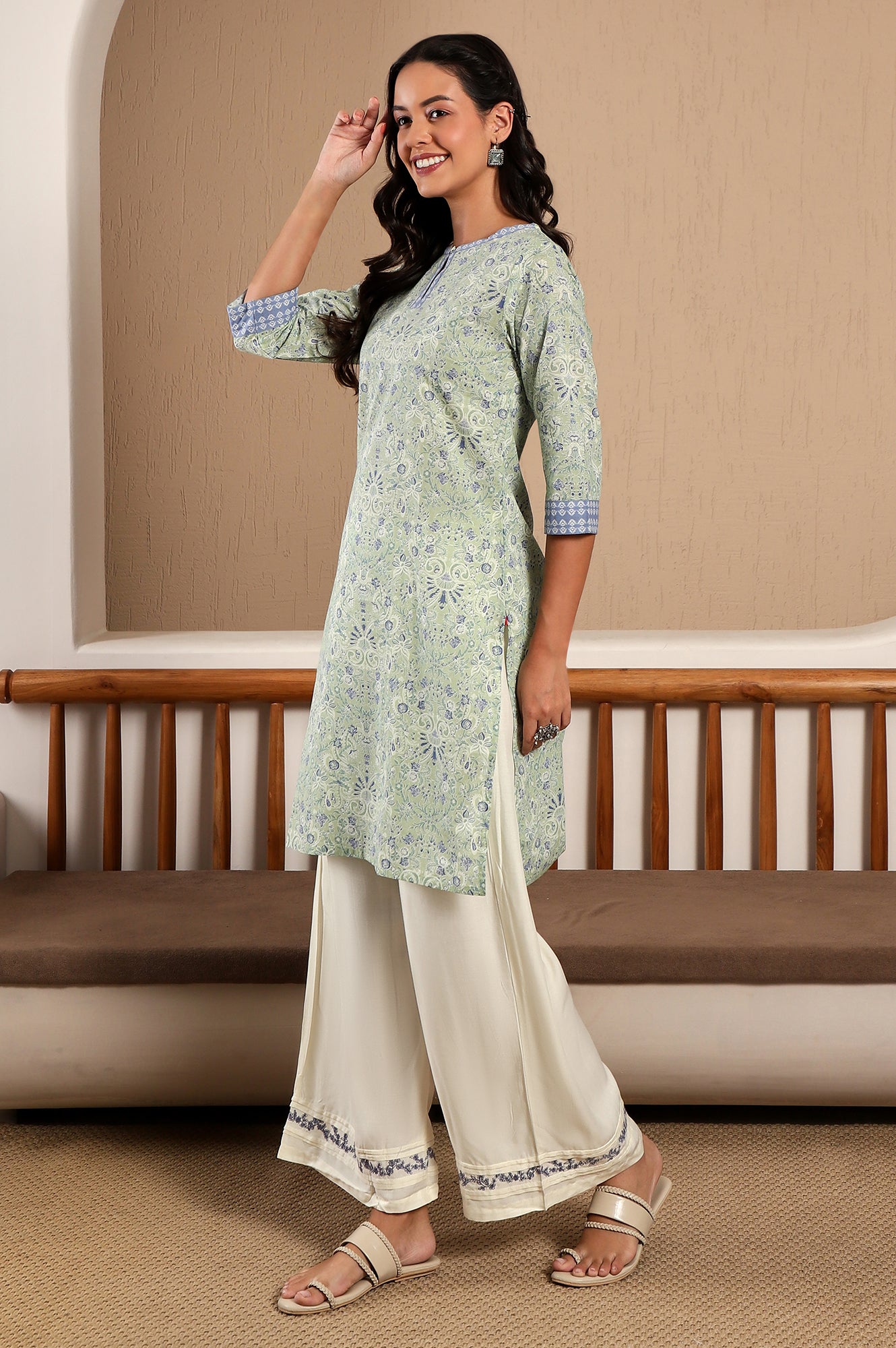 Green Floral Printed Pure Cotton Straight Kurta with Printed Tape on Neck