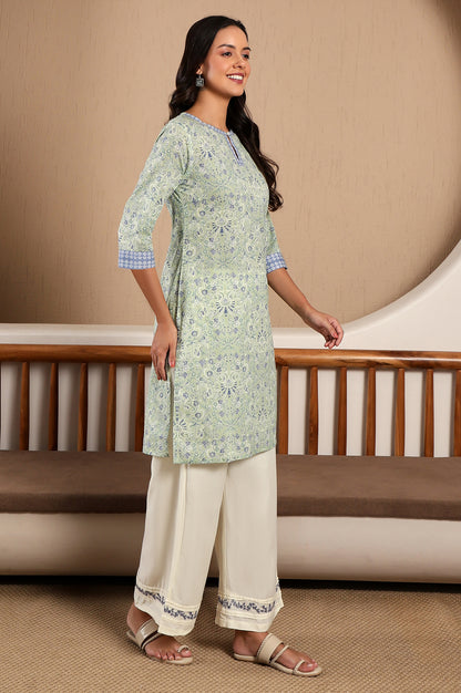 Green Floral Printed Pure Cotton Straight Kurta with Printed Tape on Neck