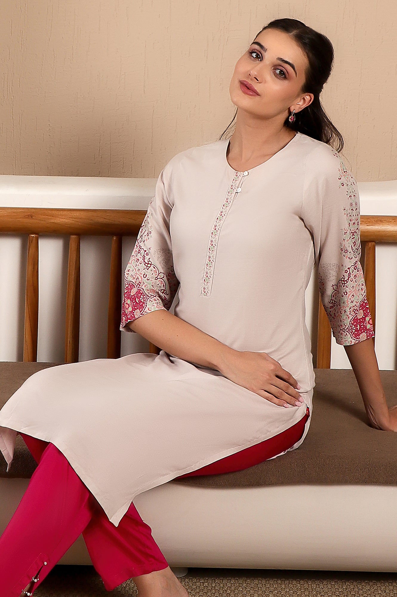 Light Pink Round Neck Rayon Straight Kurta with Floral Print on Sleeves &amp; Button Tab