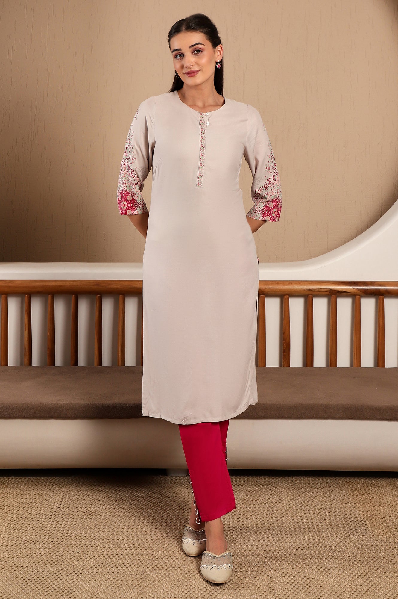 Light Pink Round Neck Rayon Straight Kurta with Floral Print on Sleeves &amp; Button Tab