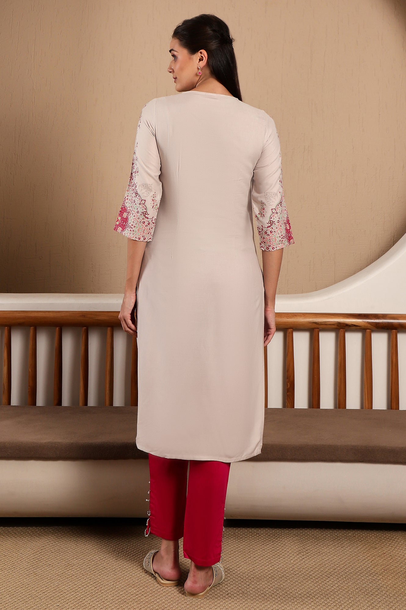 Light Pink Round Neck Rayon Straight Kurta with Floral Print on Sleeves &amp; Button Tab