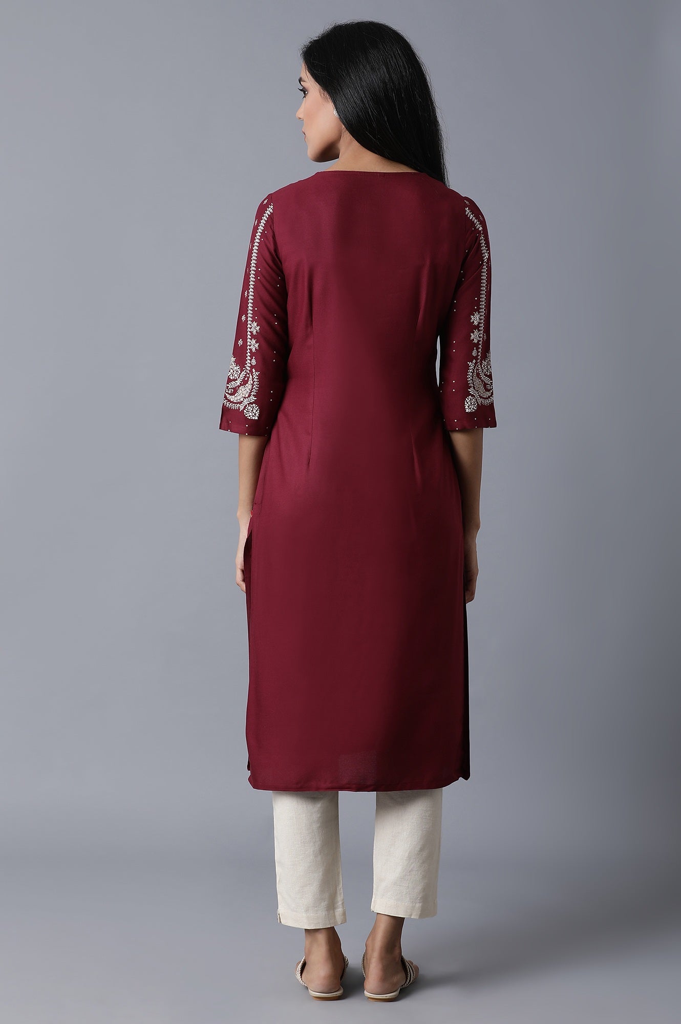 Maroon Kurta With Printed Sleeves - wforwoman