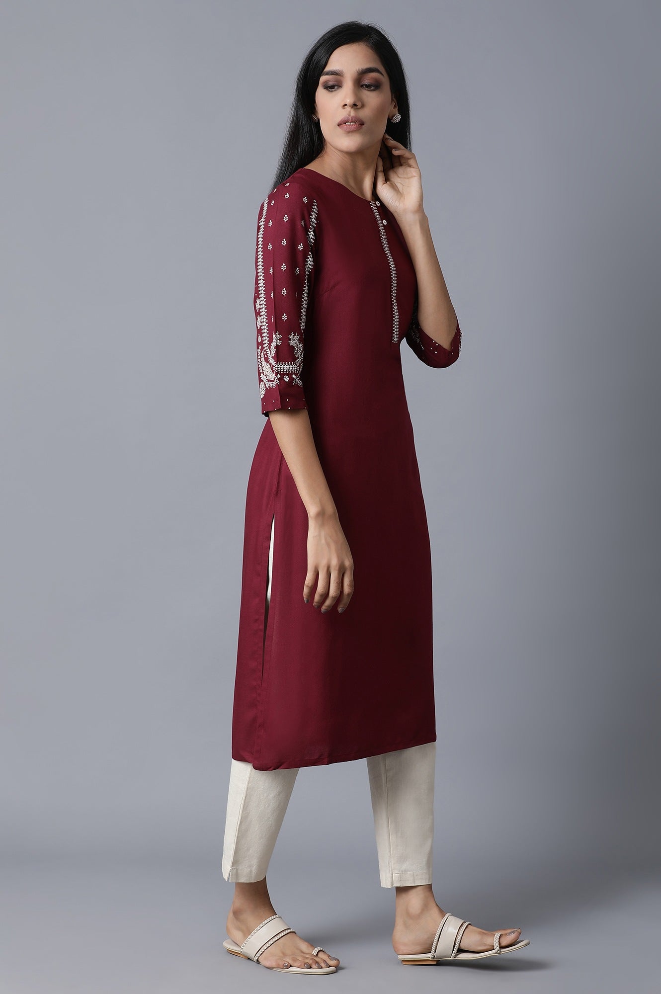 Maroon Kurta With Printed Sleeves - wforwoman