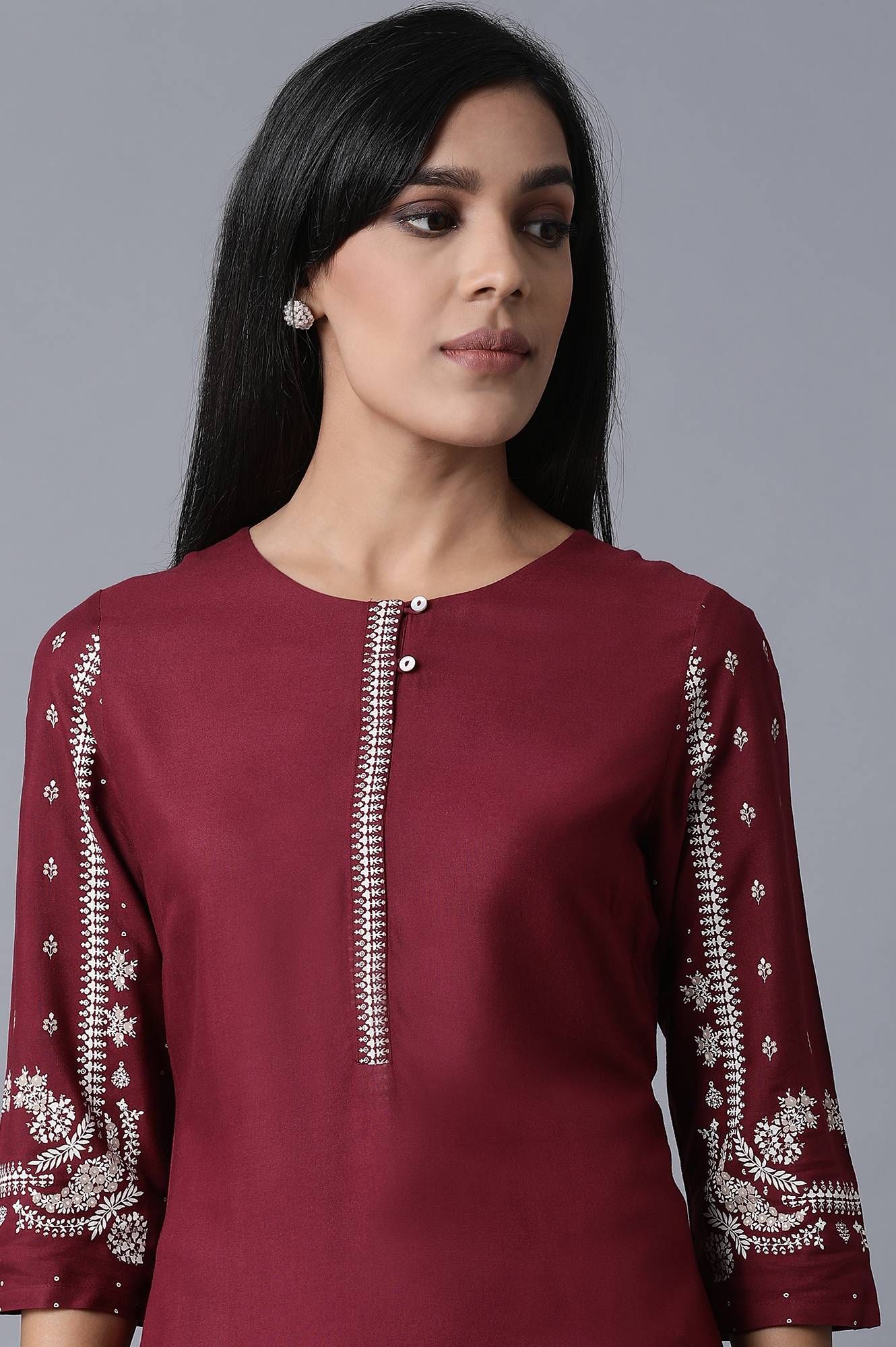 Maroon Kurta With Printed Sleeves - wforwoman