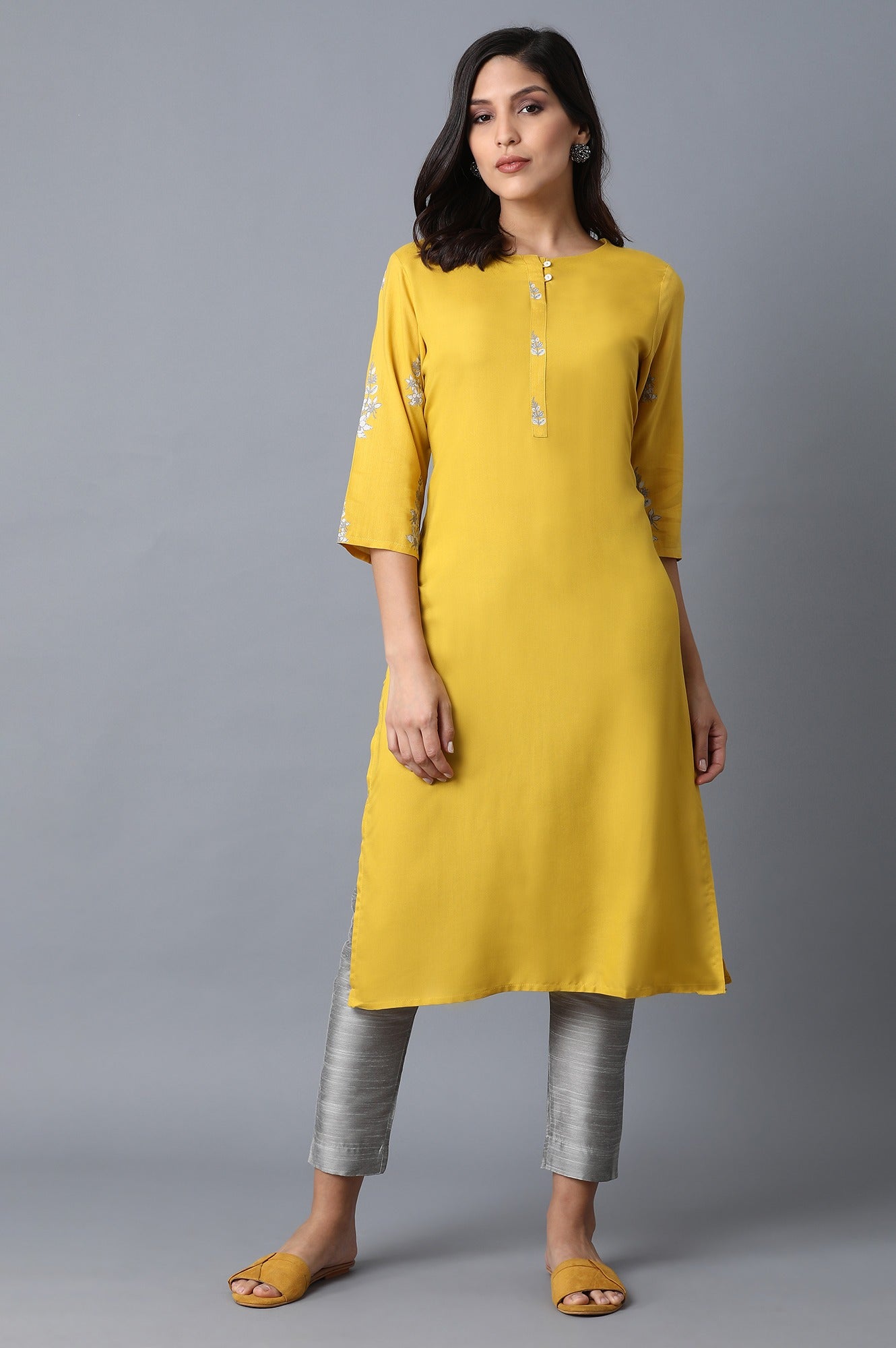 Yellow Kurta With Printed Yoke - wforwoman