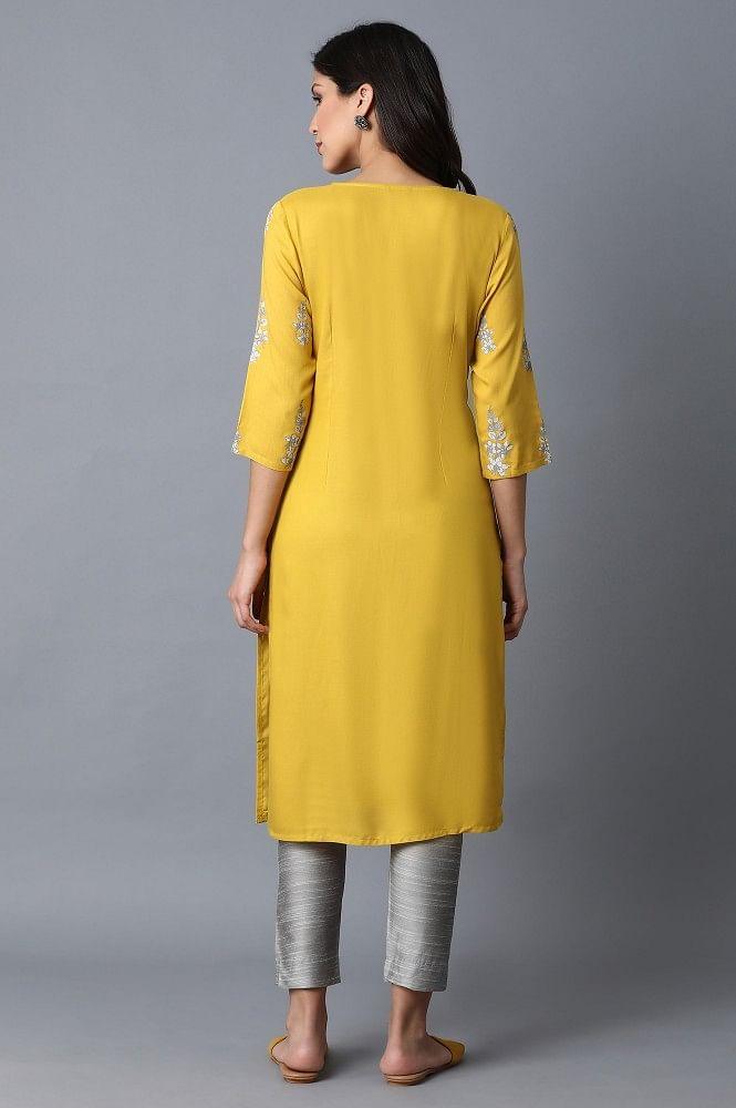 Yellow kurta With Printed Yoke - wforwoman