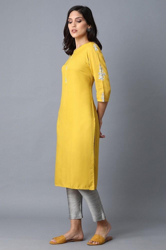 Yellow kurta With Printed Yoke - wforwoman