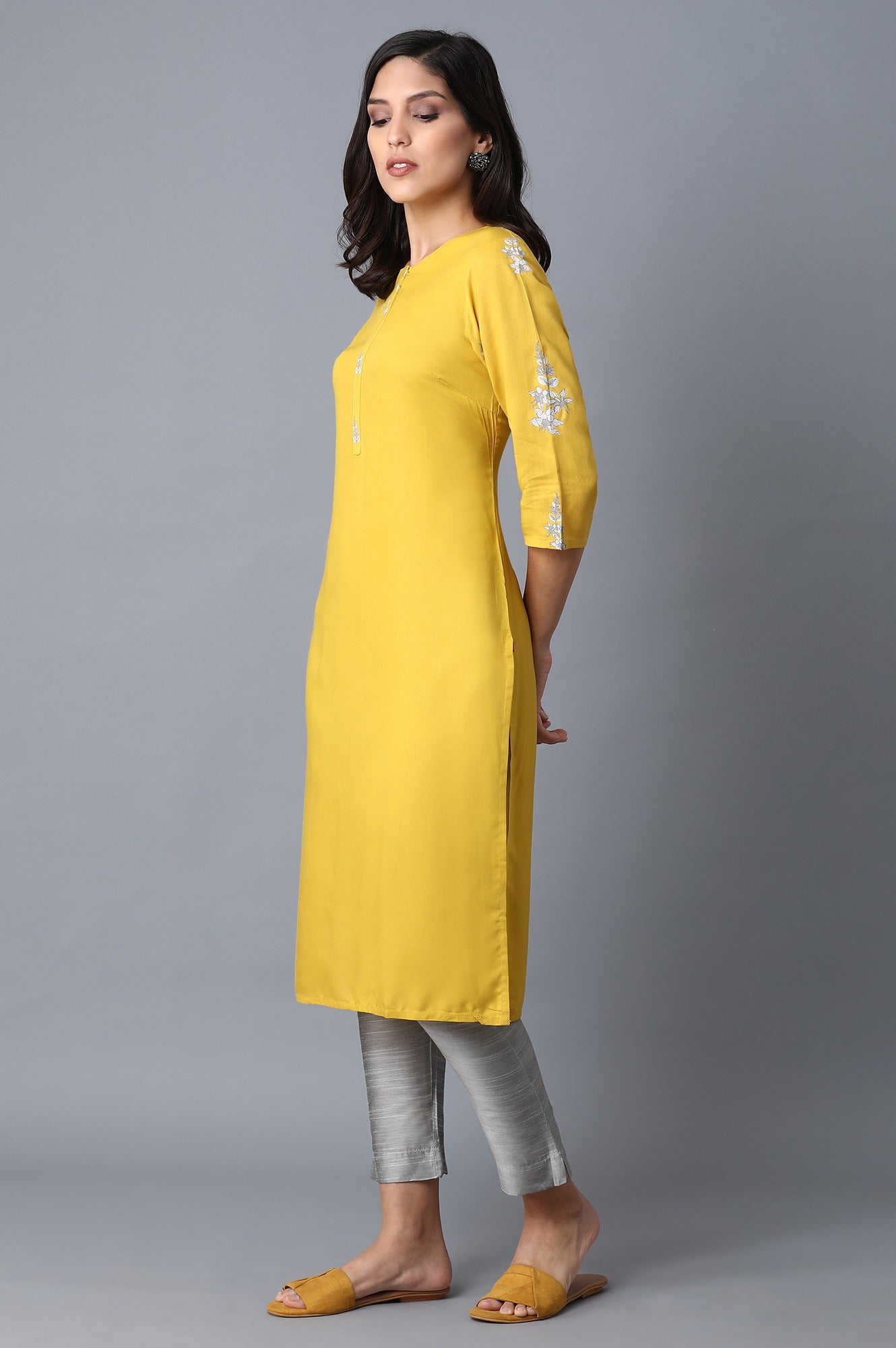 Yellow Kurta With Printed Yoke - wforwoman