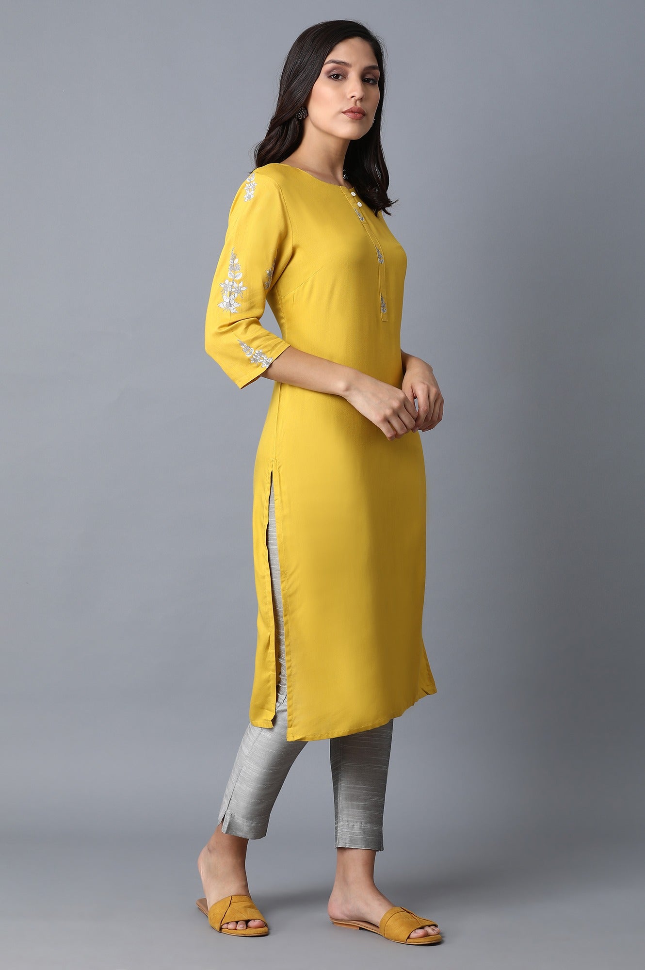 Yellow Kurta With Printed Yoke - wforwoman