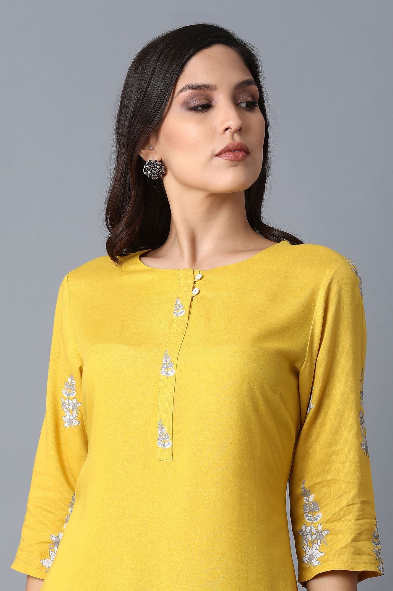 Yellow Kurta With Printed Yoke - wforwoman