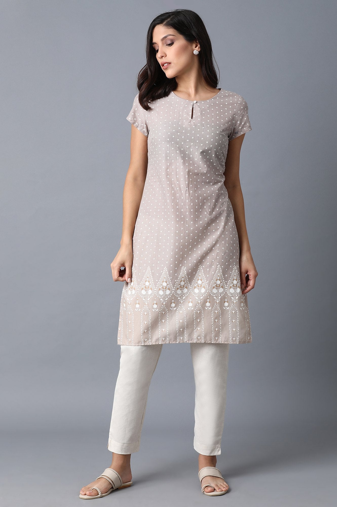 Beige Printed Kurta - wforwoman