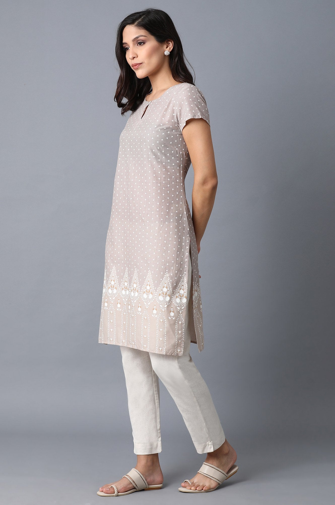 Beige Printed Kurta - wforwoman