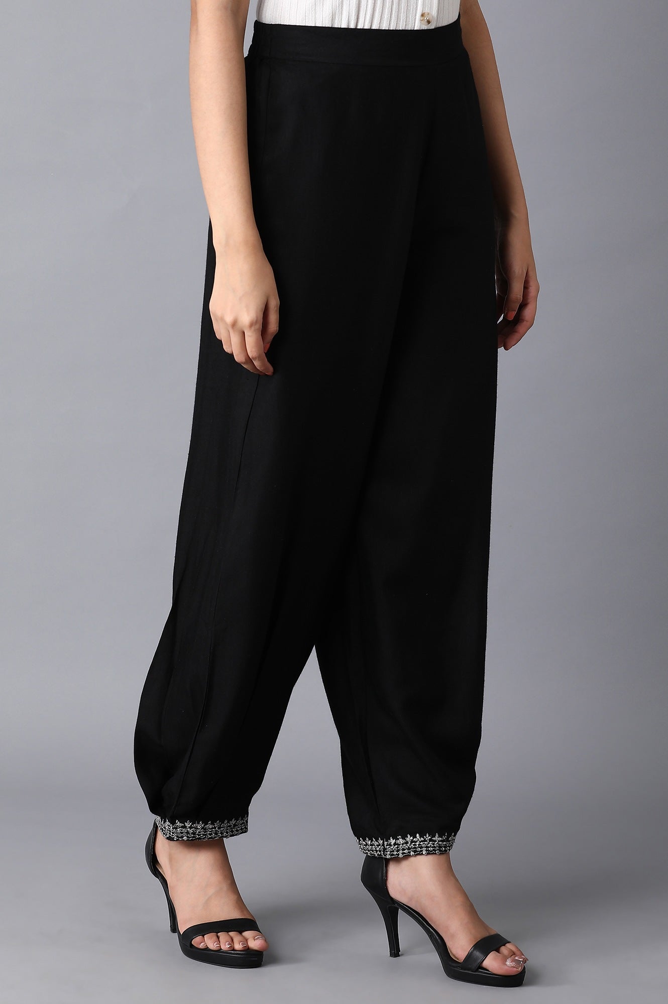 Jet Black Embroidered Carrot Pants