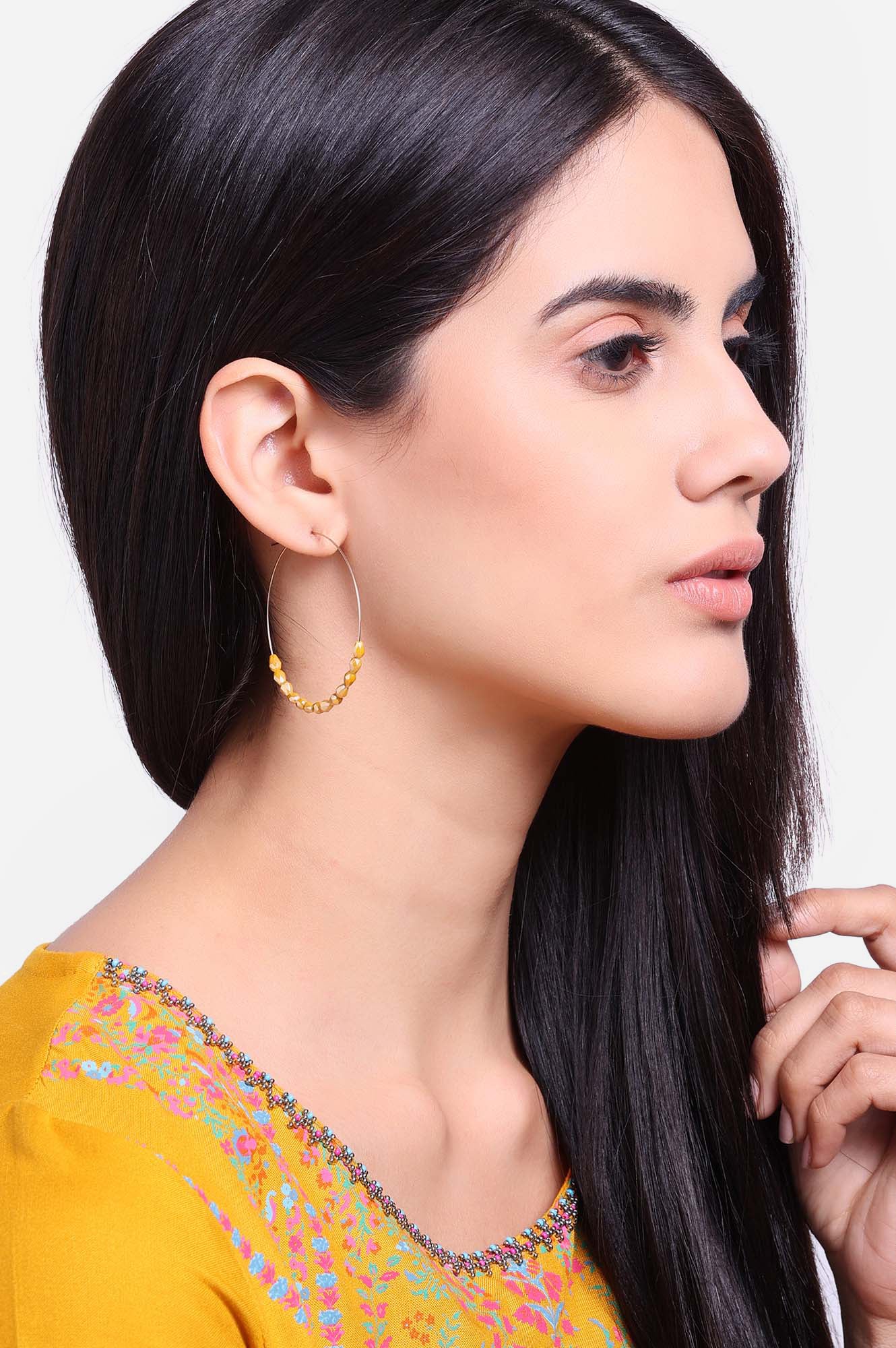 Yellow Handcrafted Bead Hoop Earrings