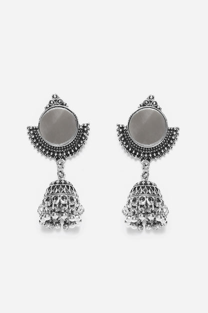 Silver Oxidised Mirror Work Jhumki Earrings