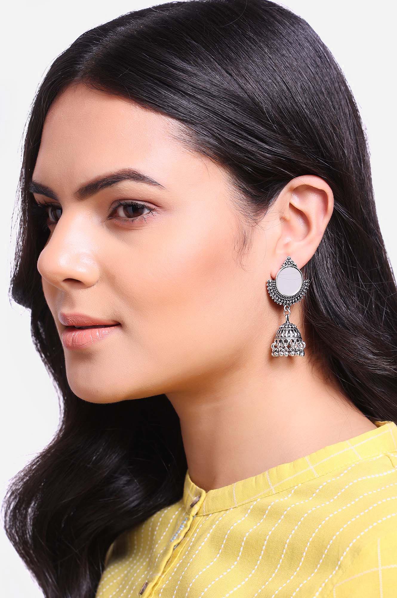 Silver Oxidised Mirror Work Jhumki Earrings