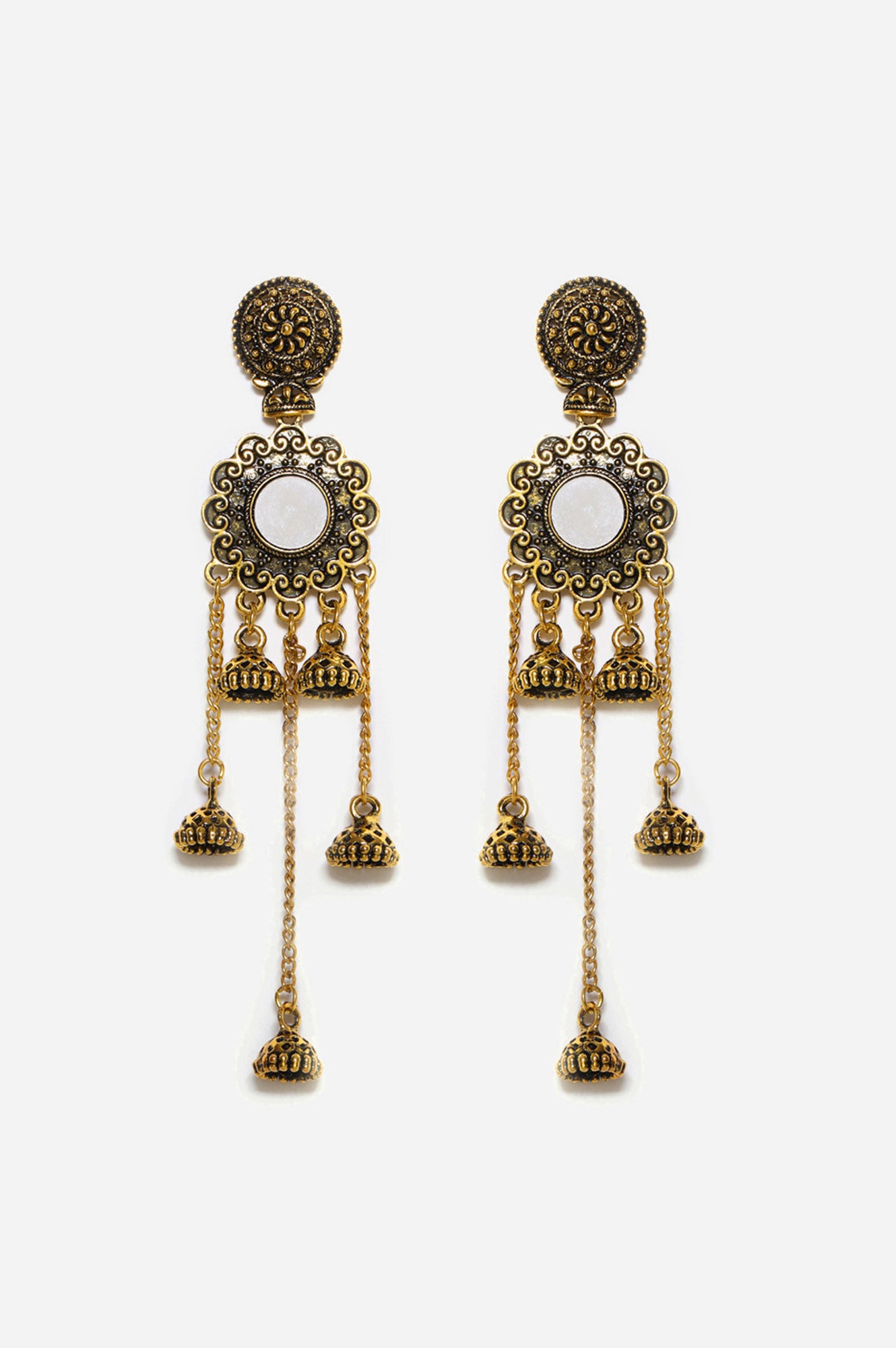 Gold Oxidised Mirror Work Jhumki Earrings