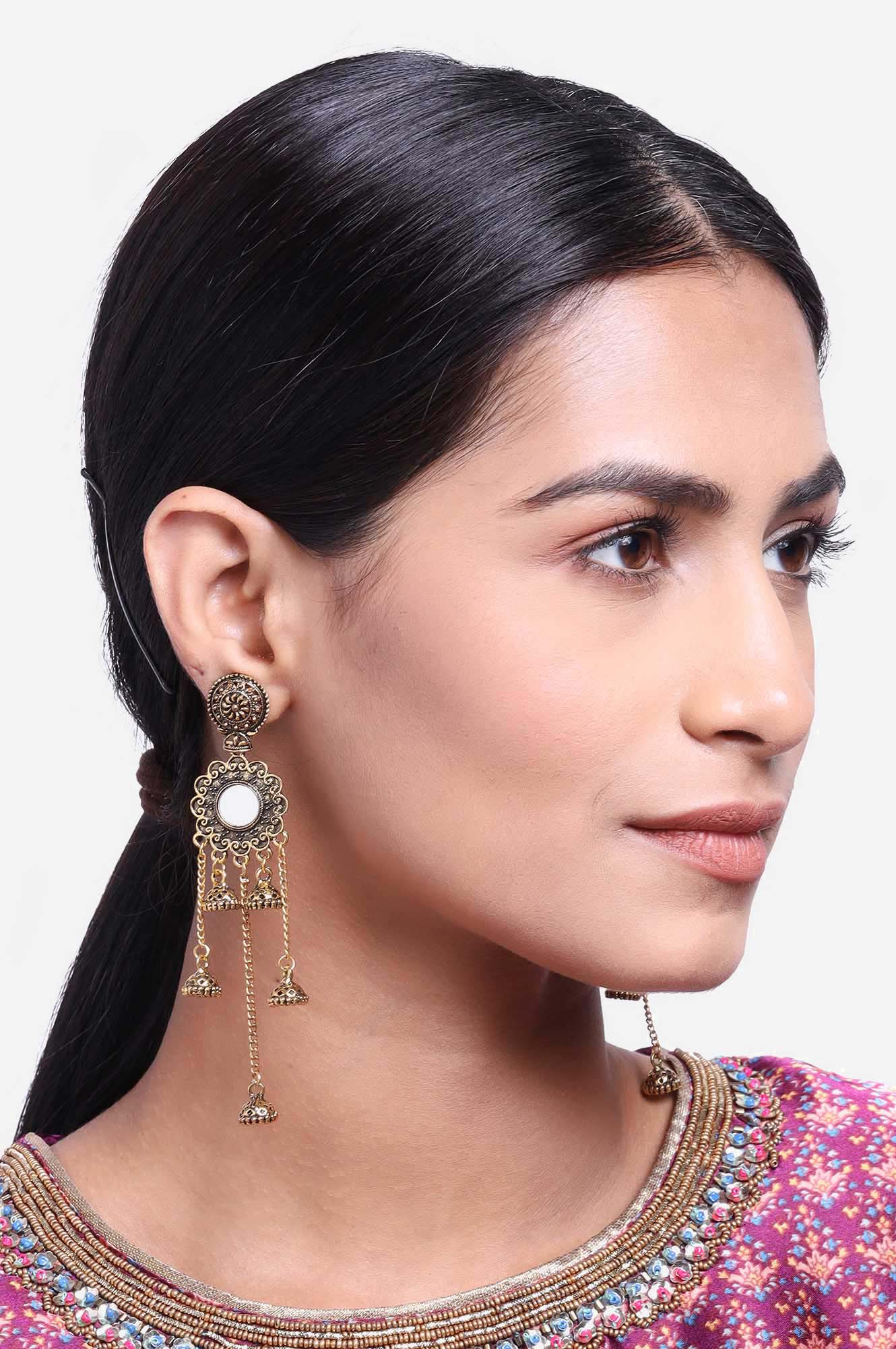 Gold Oxidised Mirror Work Jhumki Earrings