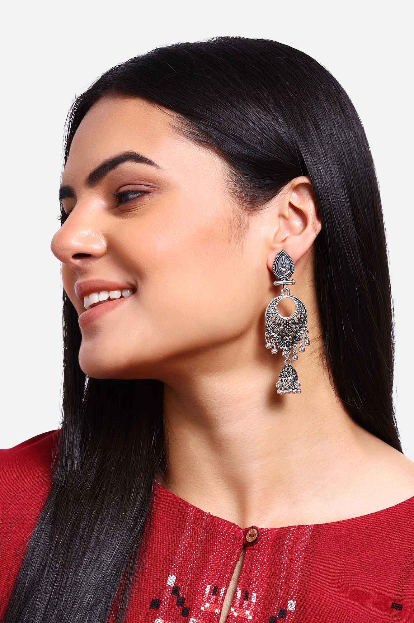 Silver Oxidised Dangler Jhumki Earrings