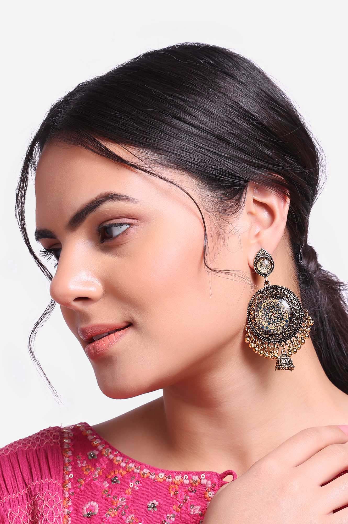 Gold Oxidised Cutwork Jhumki Earrings