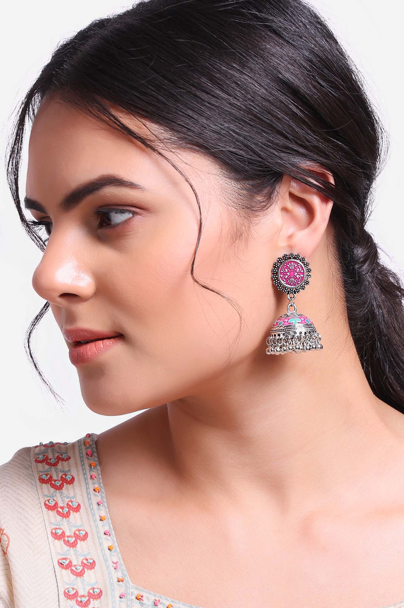 Pink Oxidised Hanging Jhumki Earrings