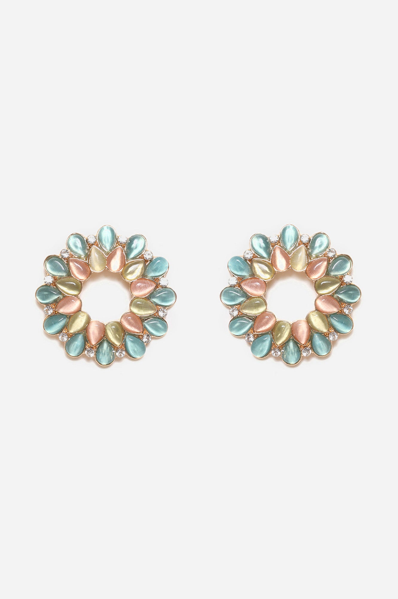 Pink and Blue Floral Shape Stone Stud Earrings