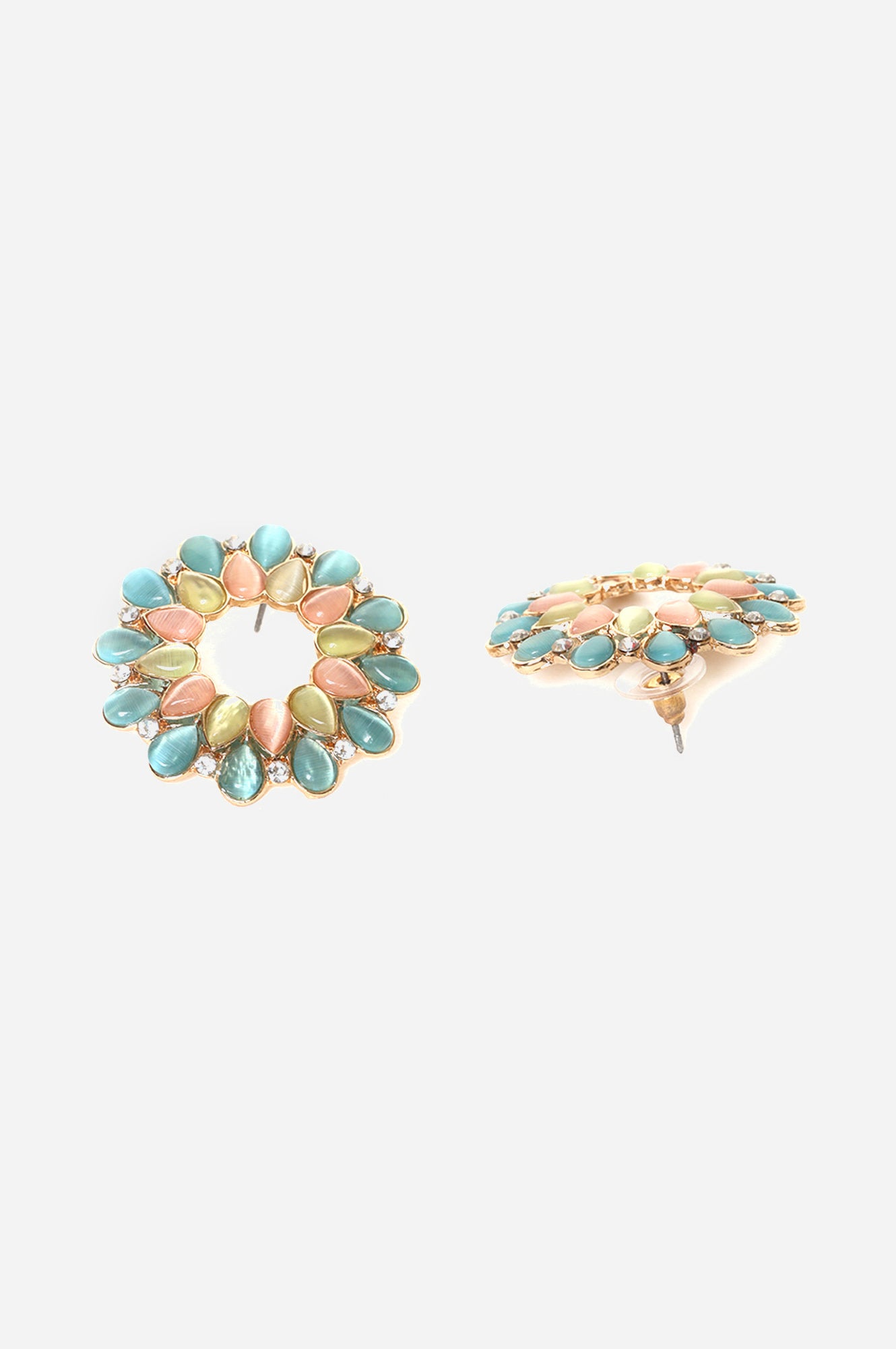 Pink and Blue Floral Shape Stone Stud Earrings