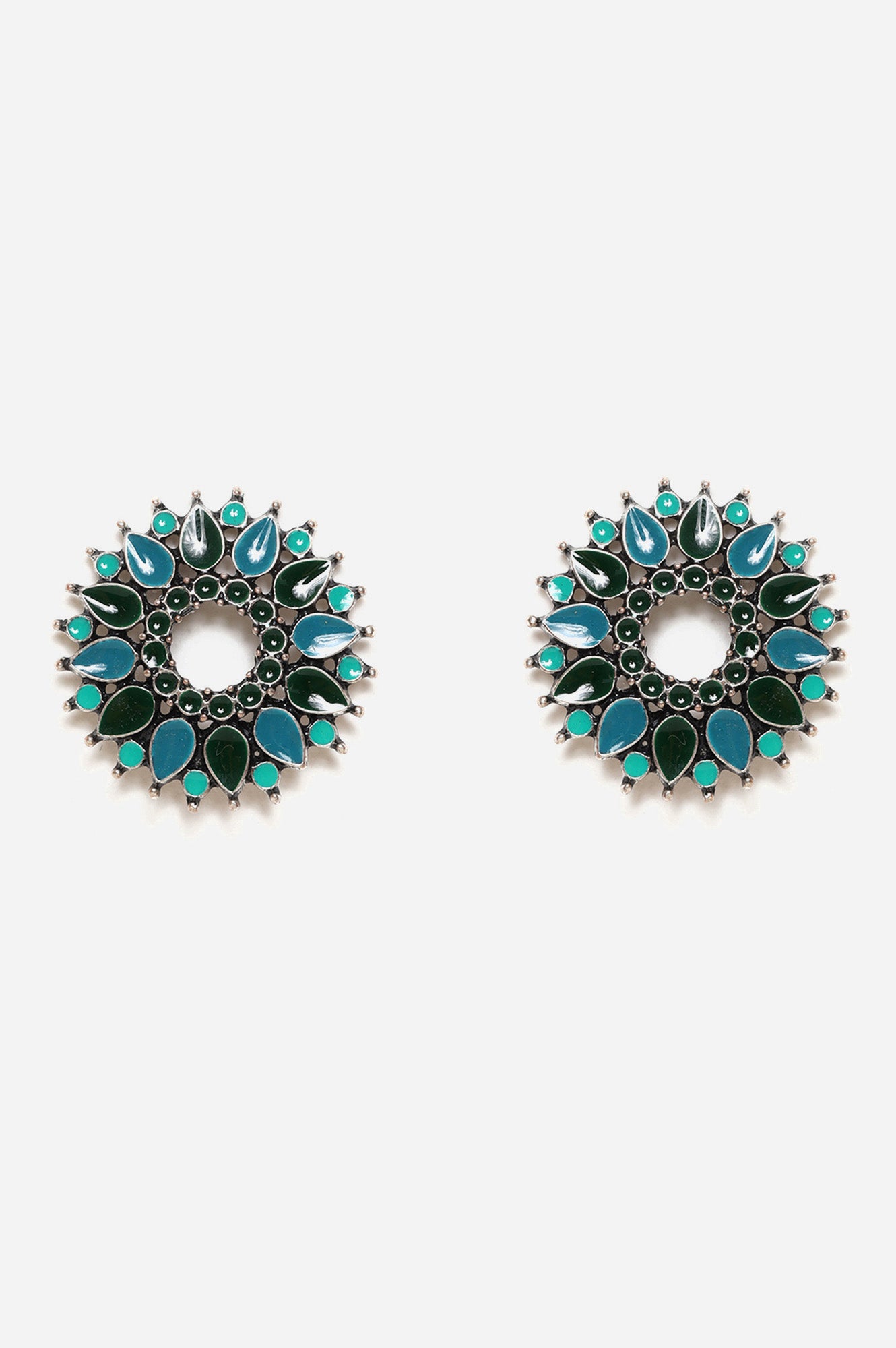 Blue and Green Floral Shaped Stud Earrings