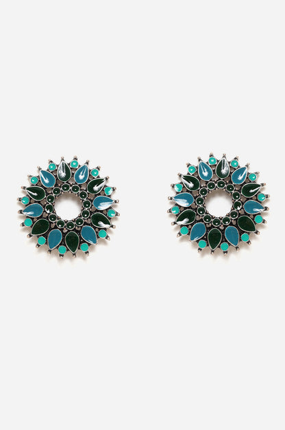 Blue and Green Floral Shaped Stud Earrings