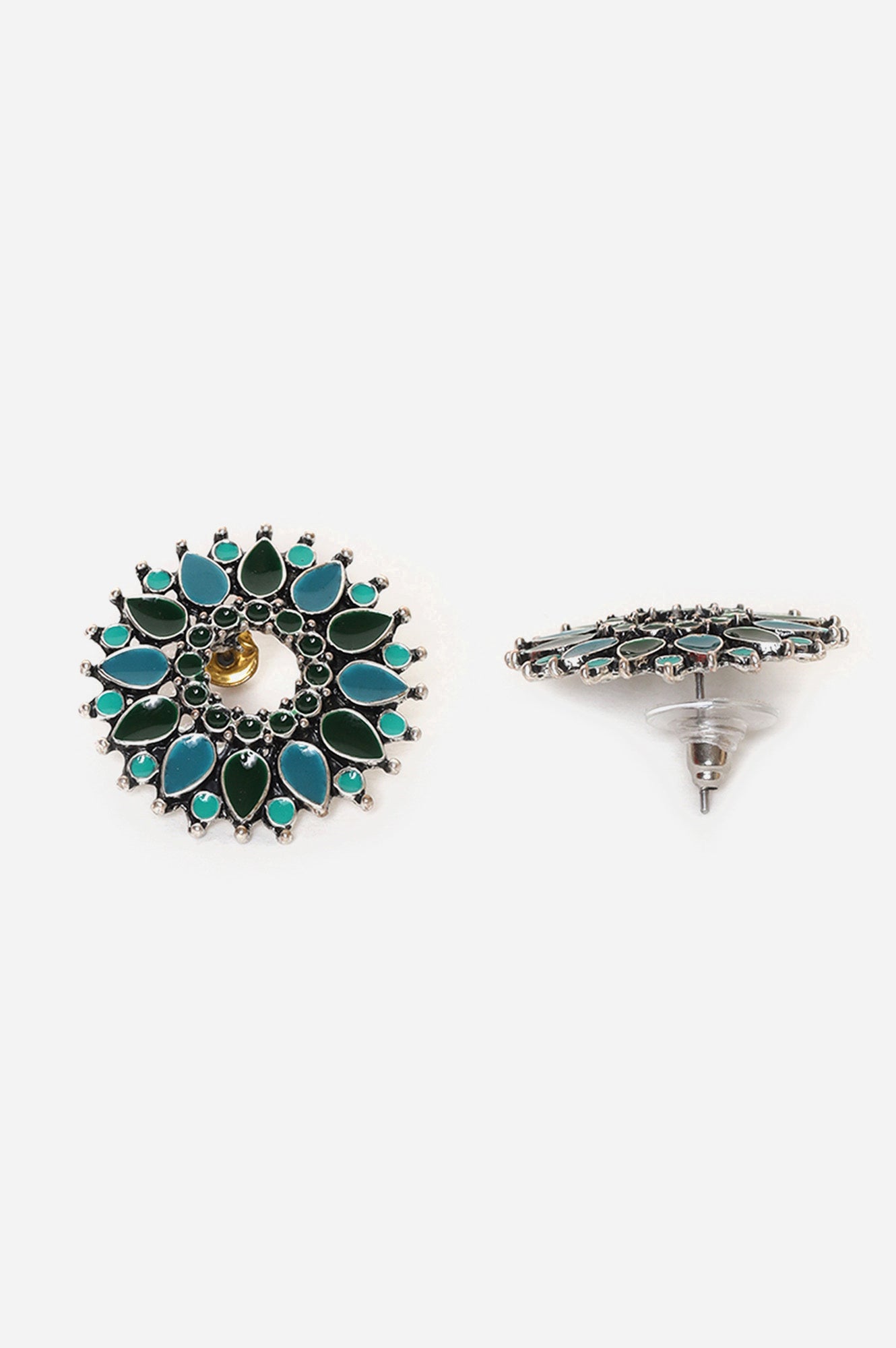 Blue and Green Floral Shaped Stud Earrings