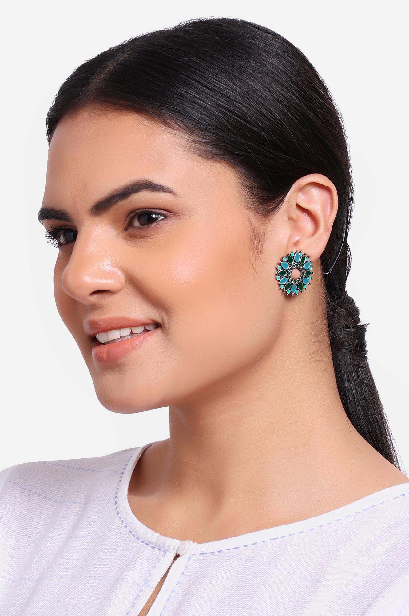 Blue and Green Floral Shaped Stud Earrings