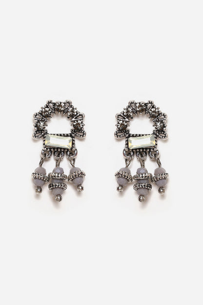 Grey Ethnic Stone Studded Drop Earrings