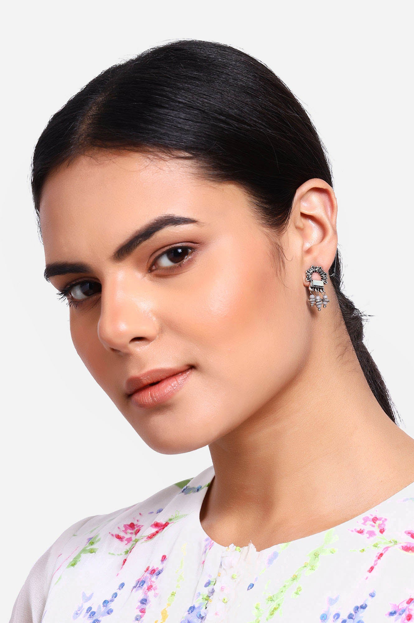 Grey Ethnic Stone Studded Drop Earrings