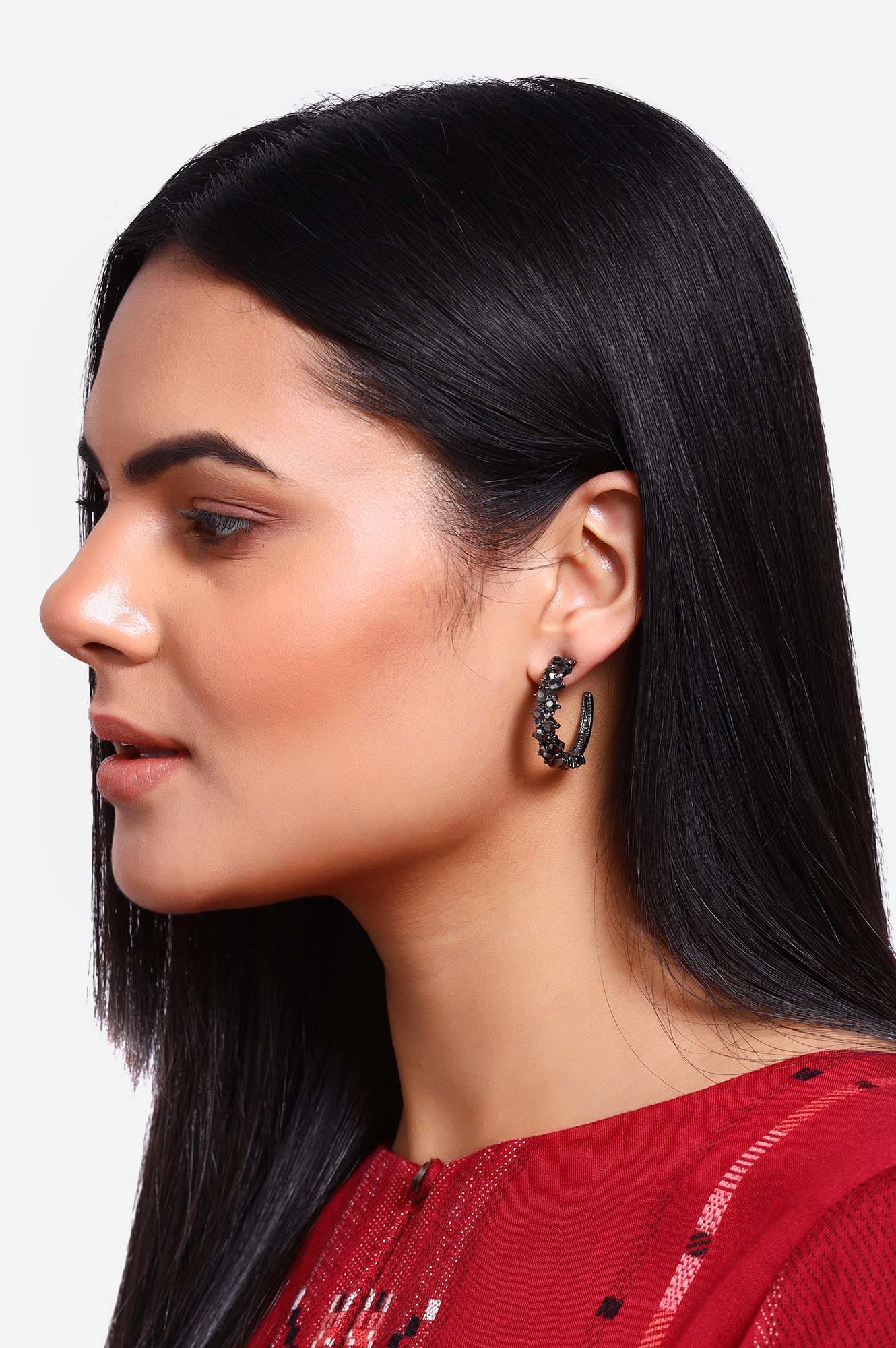 Black Stone Studded Hoop Earrings