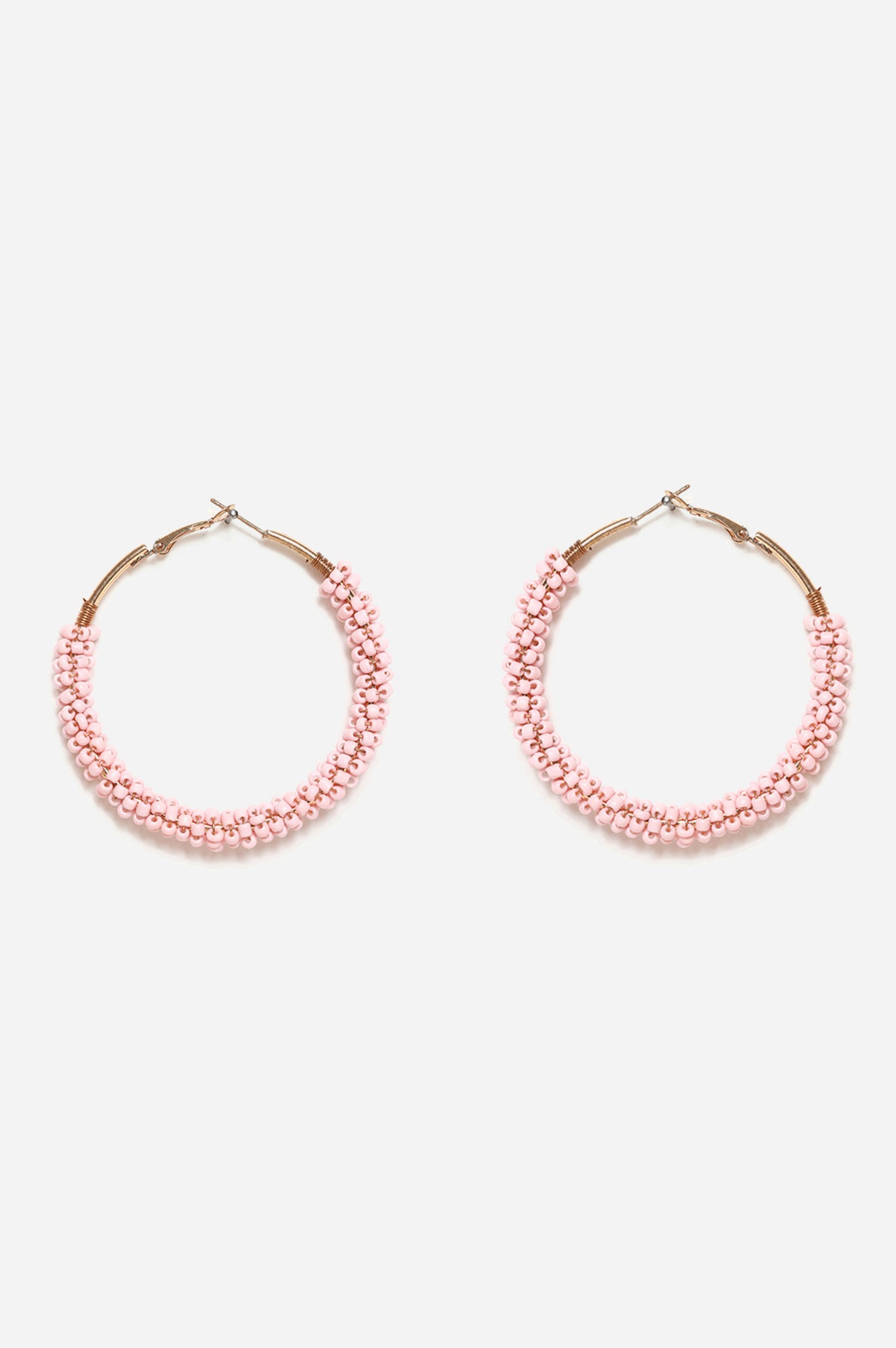 Pink Pleated Beaded Round Hoop Earrings