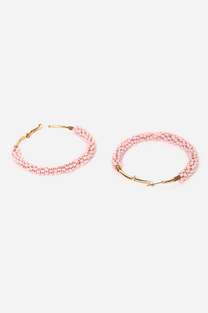 Pink Pleated Beaded Round Hoop Earrings