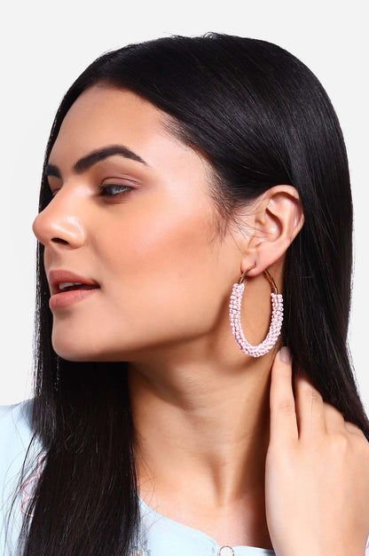 Pink Pleated Beaded Round Hoop Earrings