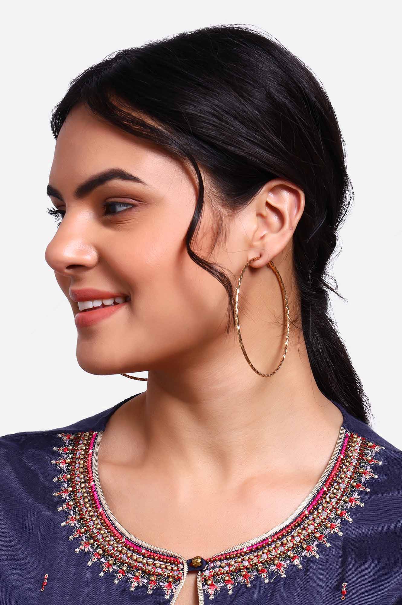 Gold Pleated Big Round Hoop Earrings