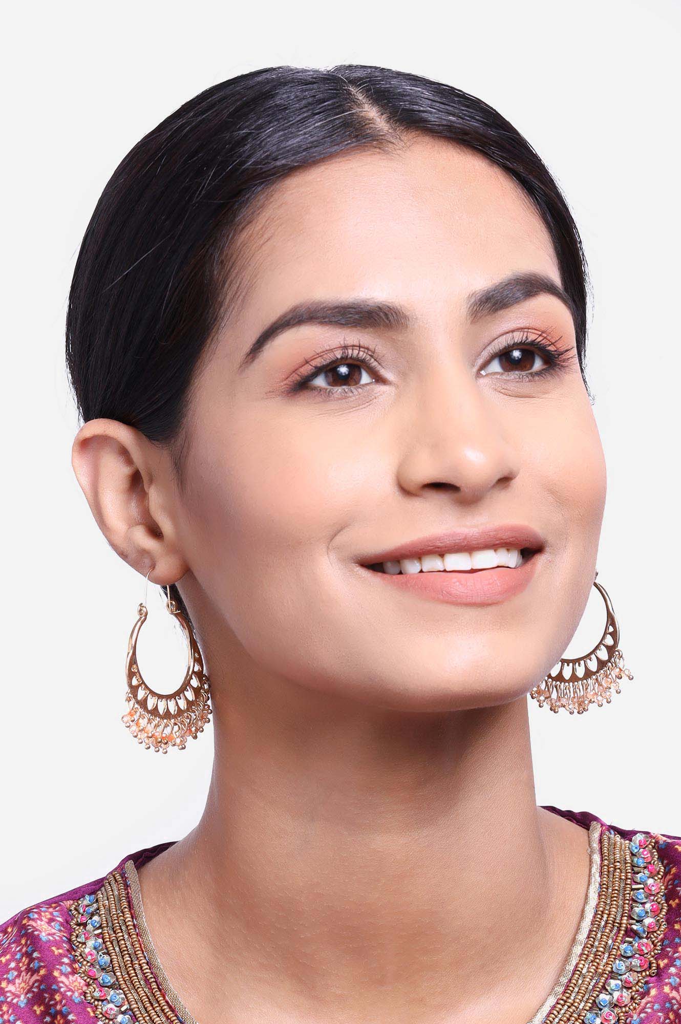 Beige Crystal Hanging Chandbali Hoop Earrings