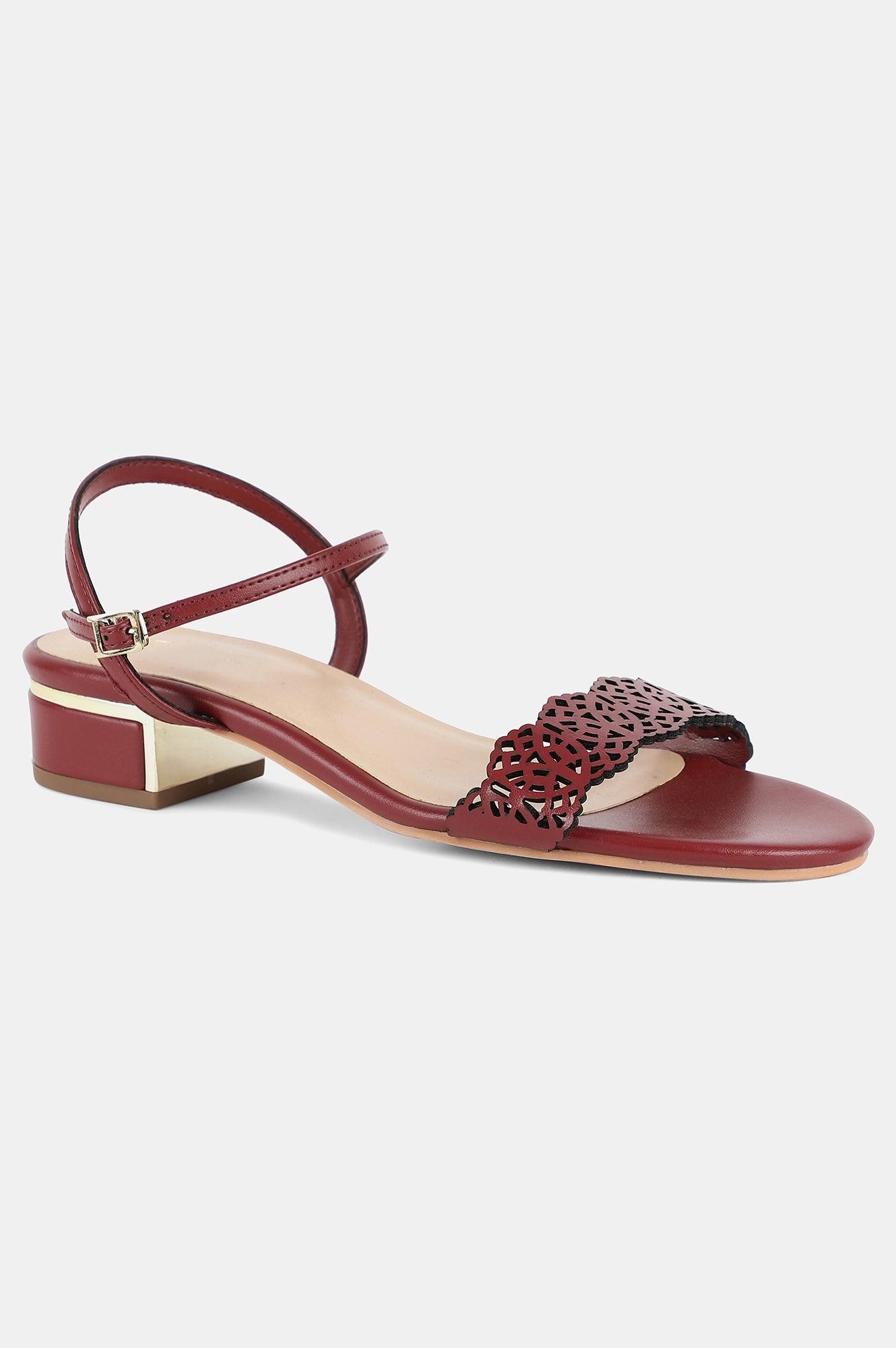 Red Almond Toe Laser Cut Block Heel-Wruby - wforwoman