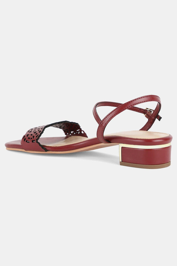 Red Almond Toe Laser Cut Block Heel-Wruby