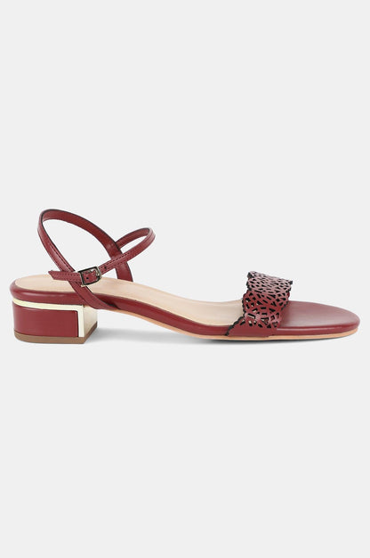 Red Almond Toe Laser Cut Block Heel-Wruby - wforwoman