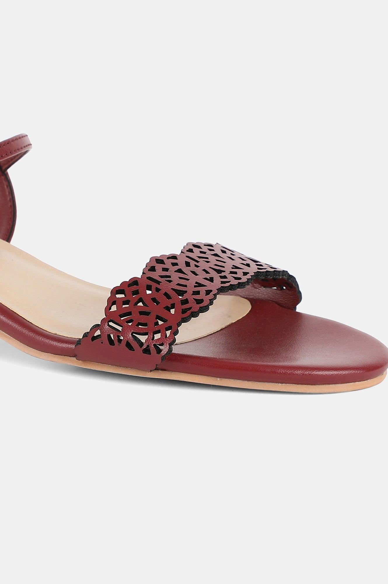 Red Almond Toe Laser Cut Block Heel-Wruby - wforwoman