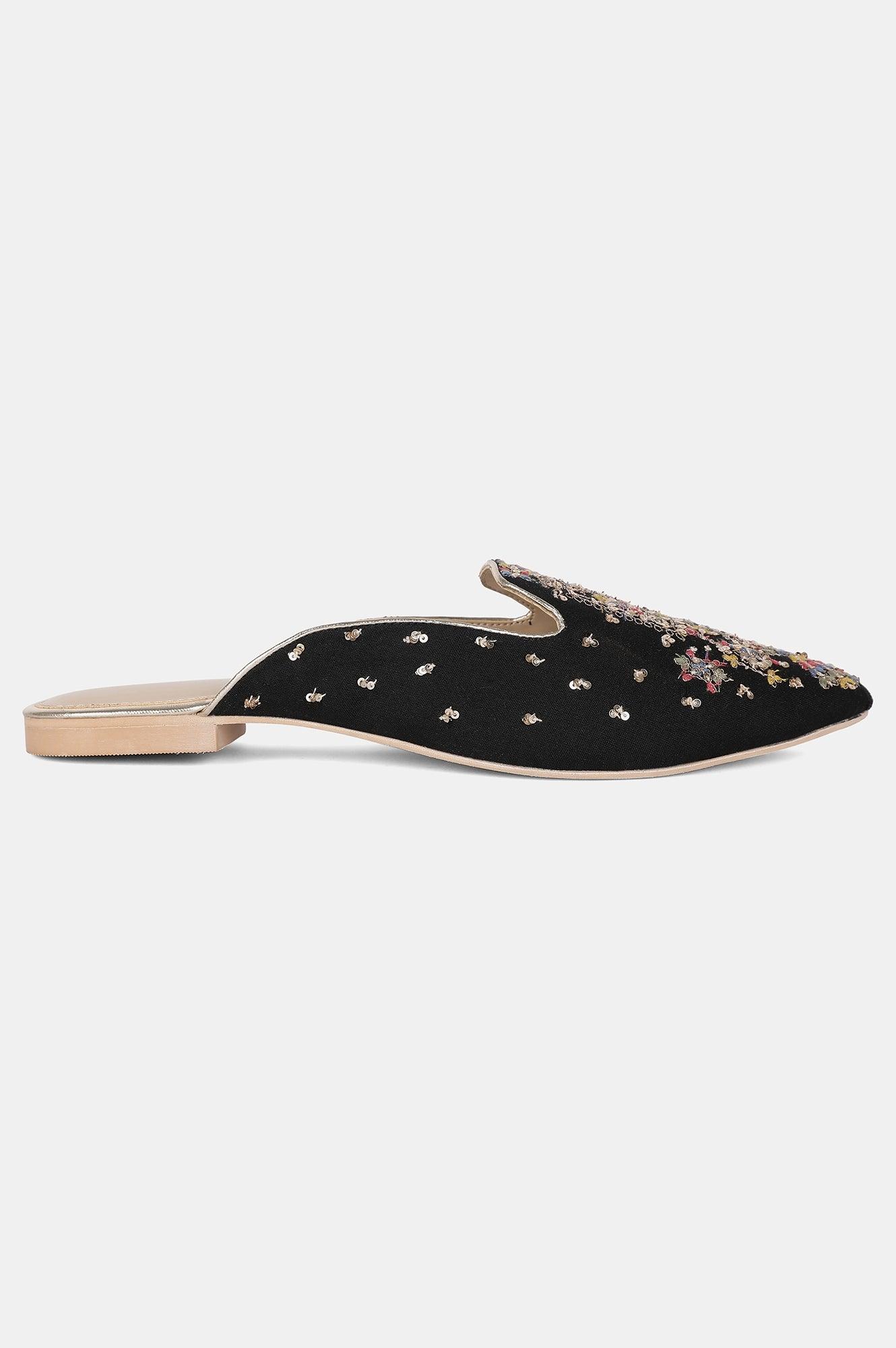 Black Pointed Toe Embroidered Flat - Wgrace - wforwoman