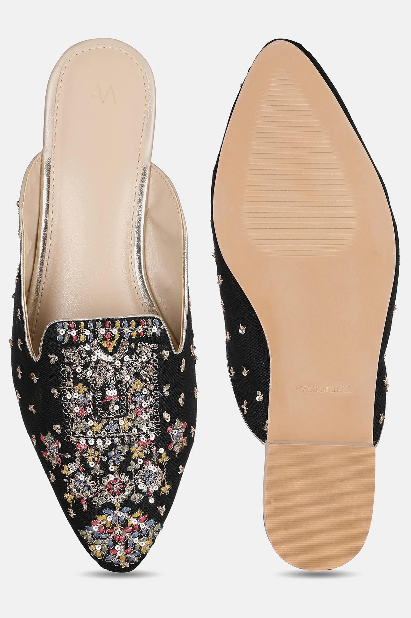 Black Pointed Toe Embroidered Flat - Wgrace - wforwoman