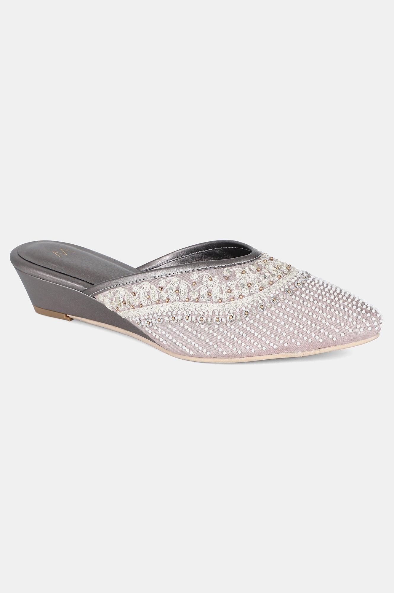 Grey Pointed Toe Embroidered Wedge - WJESSICA - wforwoman