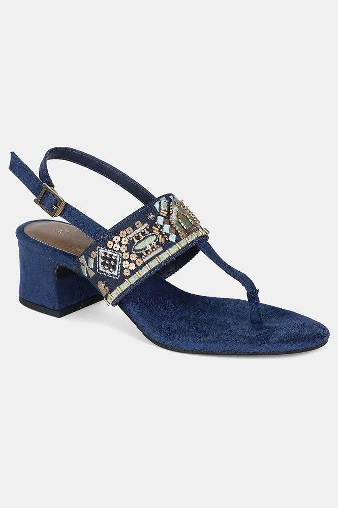 Navy Almond Toe Embroidered Block Heel - WSOFIA - wforwoman