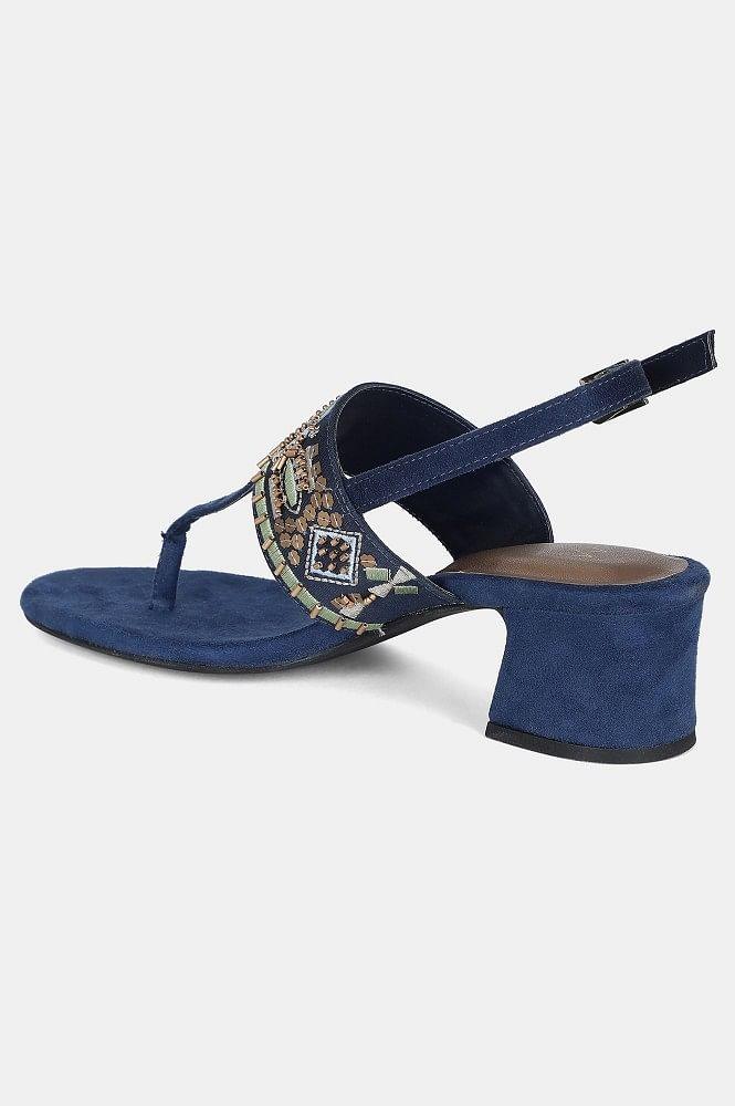 Navy Almond Toe Embroidered Block Heel - WSOFIA - wforwoman